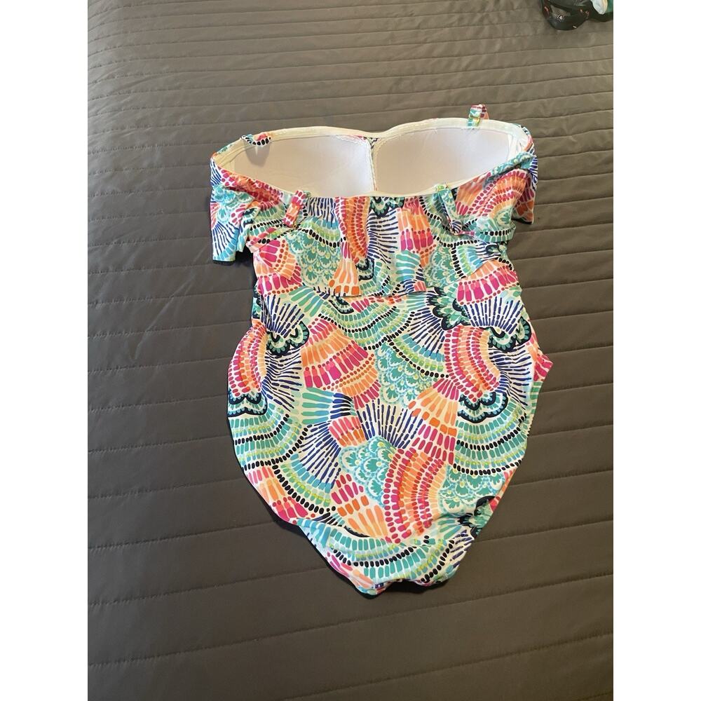 LA BLANCA WAVES OF COLOR COLORFUL RUFFLE BANDEAU ONE PIECE SIZE 16 PLUS SWIM - Picture 4 of 11